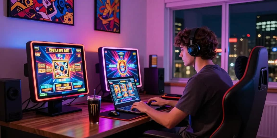 Engaging online slot gaming scene with a user playing slots on a laptop, vibrant LED lights enhancing the atmosphere.