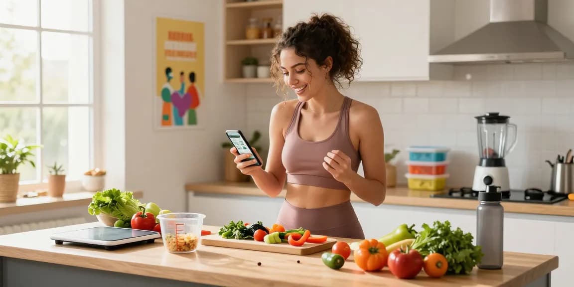 Woman joyfully using the best AI macro tracker app while preparing healthy meals in a bright kitchen.