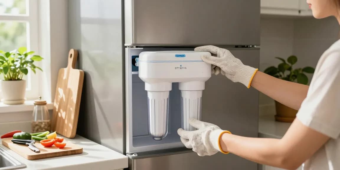 Installing EcoAqua EFF-6011A Refrigerator Water Filter in a bright kitchen