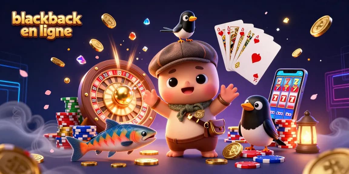 Profitez du blackjack en ligne avec cette illustration animée représentant des personnages de casino et des éléments de jeu.