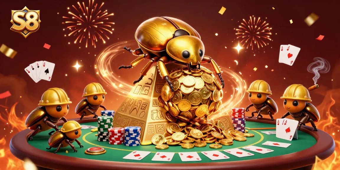 S8's golden dummy beetle rolls coins while poker chips and cards showcase a vibrant casino atmosphere.