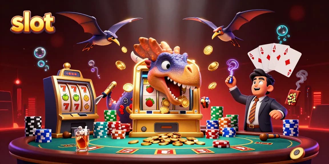 Momen seru permainan slot saat dinosaurus bermain dengan mesin slot mengeluarkan koin jackpot.