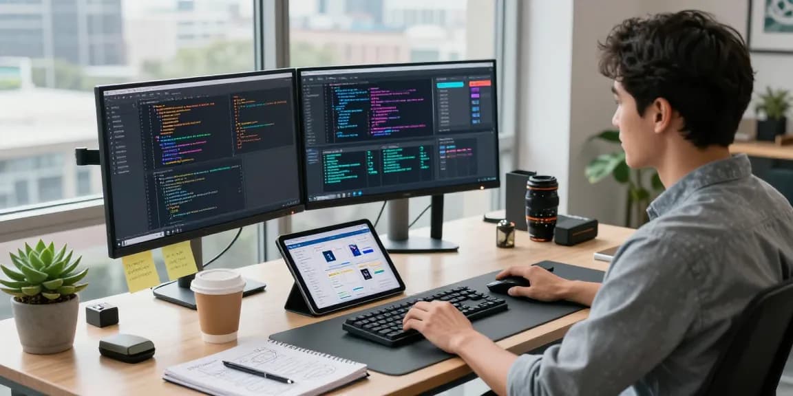 The workspace of a developer using 纸飞机中文版 for coding tasks, featuring dual monitors, a casual setup, and an inspiring atmosphere.