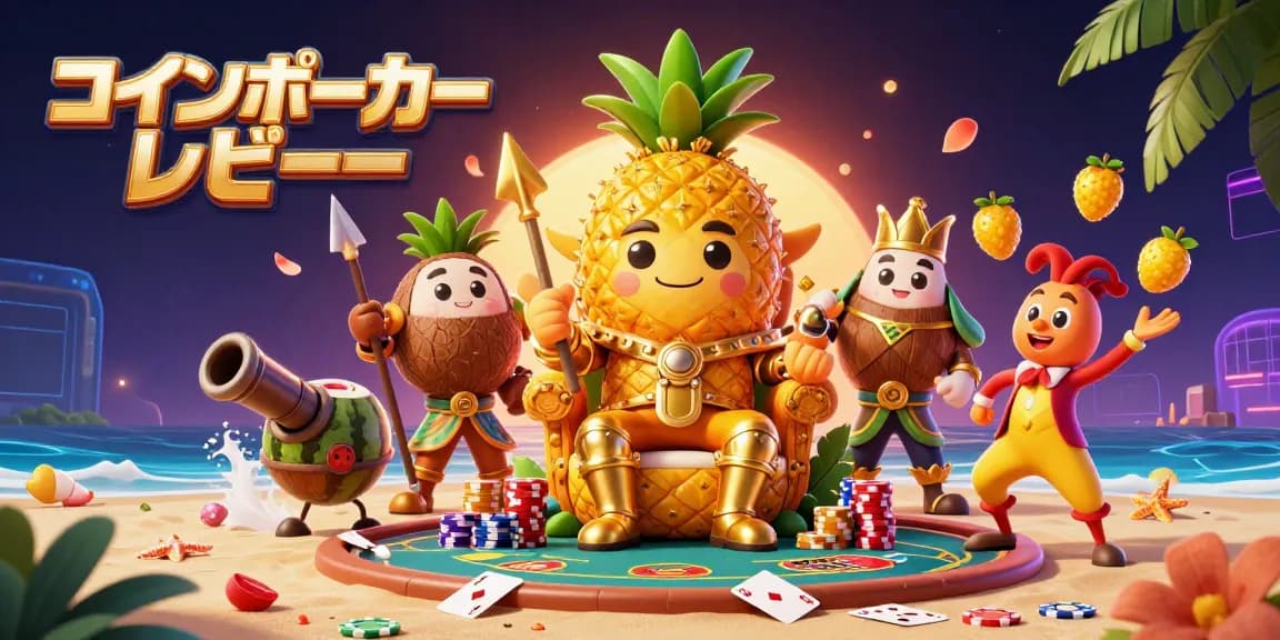 コインポーカーレビューで華やかなポーカーテーブルを彩り、ジャグリングするマングースや貴族的なキャラクターが描かれたイラスト。