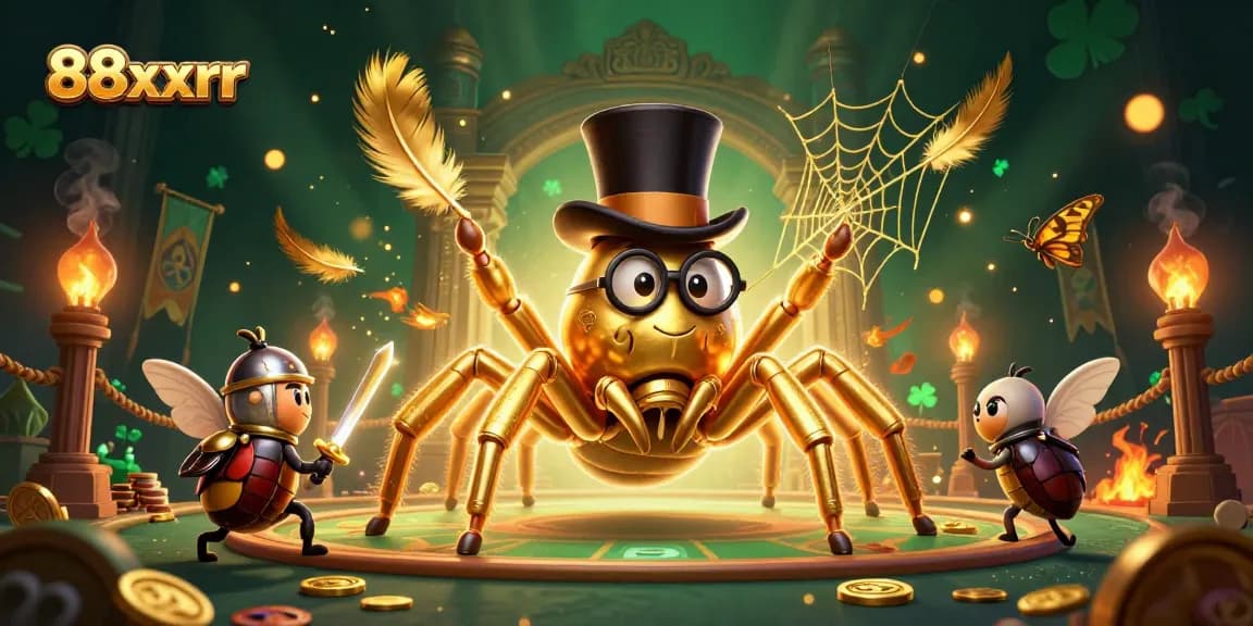 Engage with thrilling action in 88xxrr as a cartoon knight approaches a golden tarantula weaving a casino web.