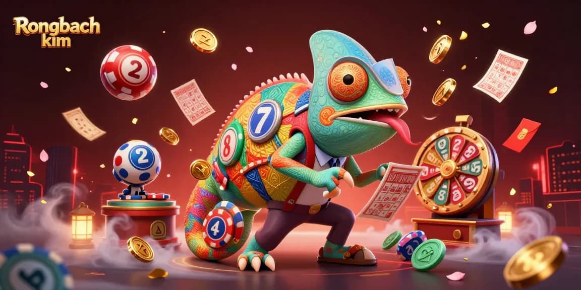 Engaging Rongbach kim illustration showcasing a chameleon casino owner amidst dynamic lottery elements.