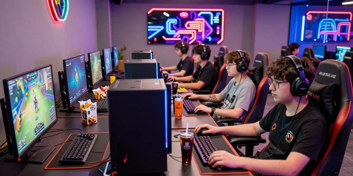 Exciting gaming session at pakde4d with young adults immersed in competitive gameplay, vibrant digital setup.