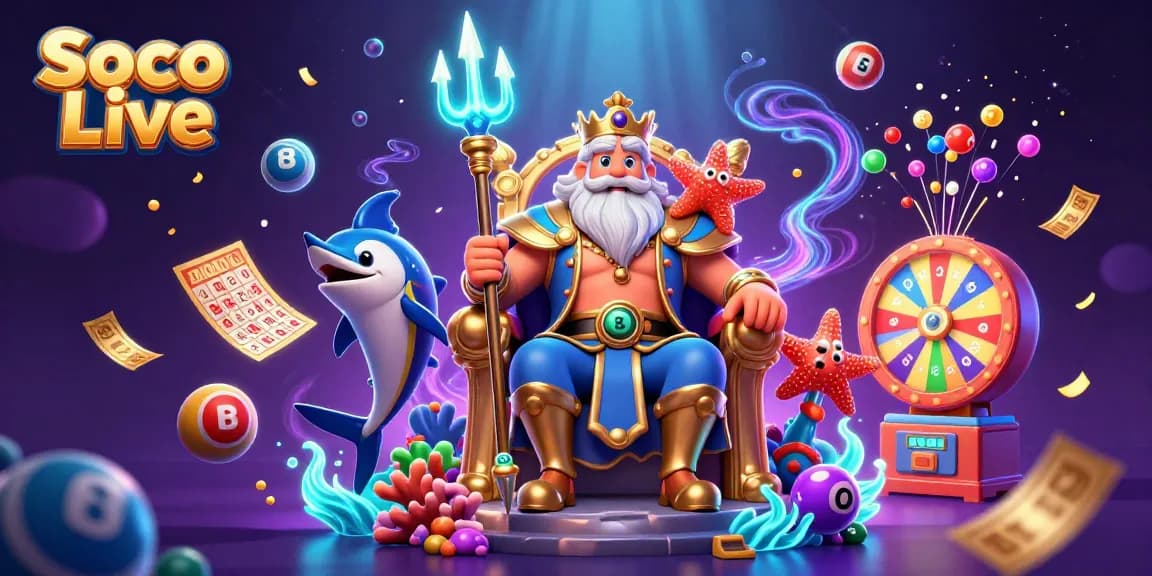 Soco Live presents vibrant scenes of dynamic gambling excitement with Neptune, lottery elements, and underwater themes.