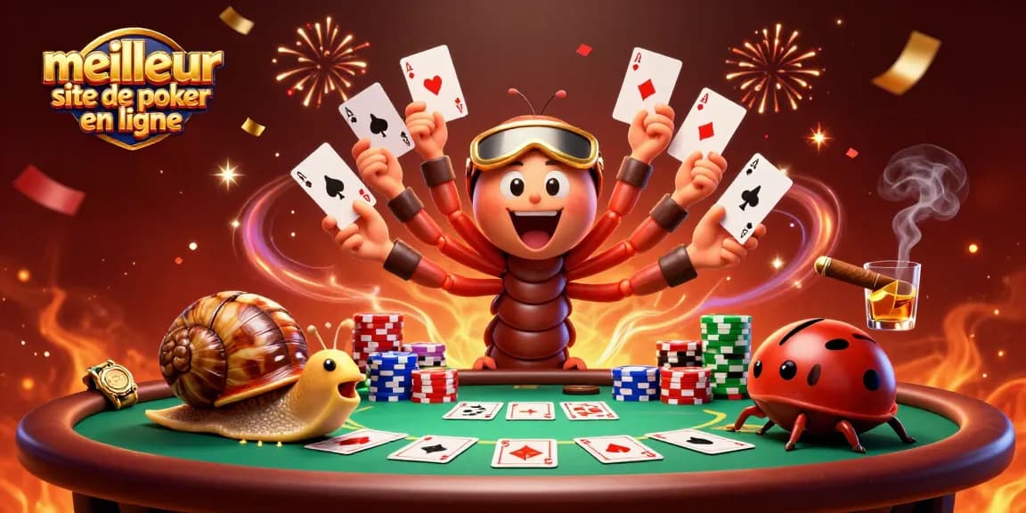 Jouez au meilleur site de poker en ligne avec des personnages colorés autour d'une table de poker animée.