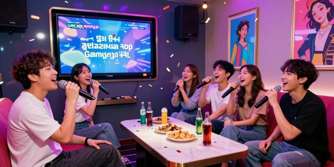 Friends enjoying a lively 강남가라오케 karaoke session with colorful lights and joyful atmosphere.