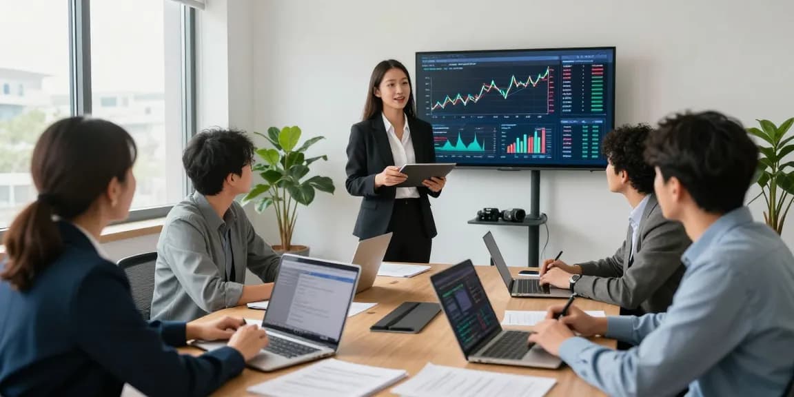 Team discussing cryptocurrency trends in a modern office, emphasizing data analytics and collaboration at https://crypto-reviews.ru/okx-v-kazahstane/.