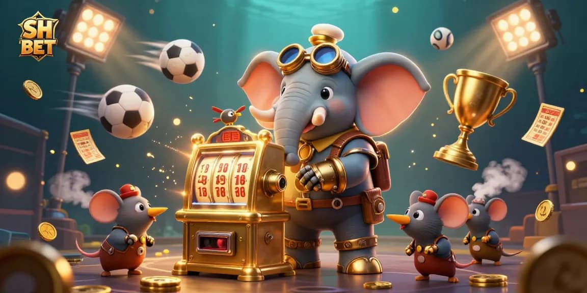 Experience thrilling action with SH BET as a steampunk elephant operates a vibrant golden slot machine.