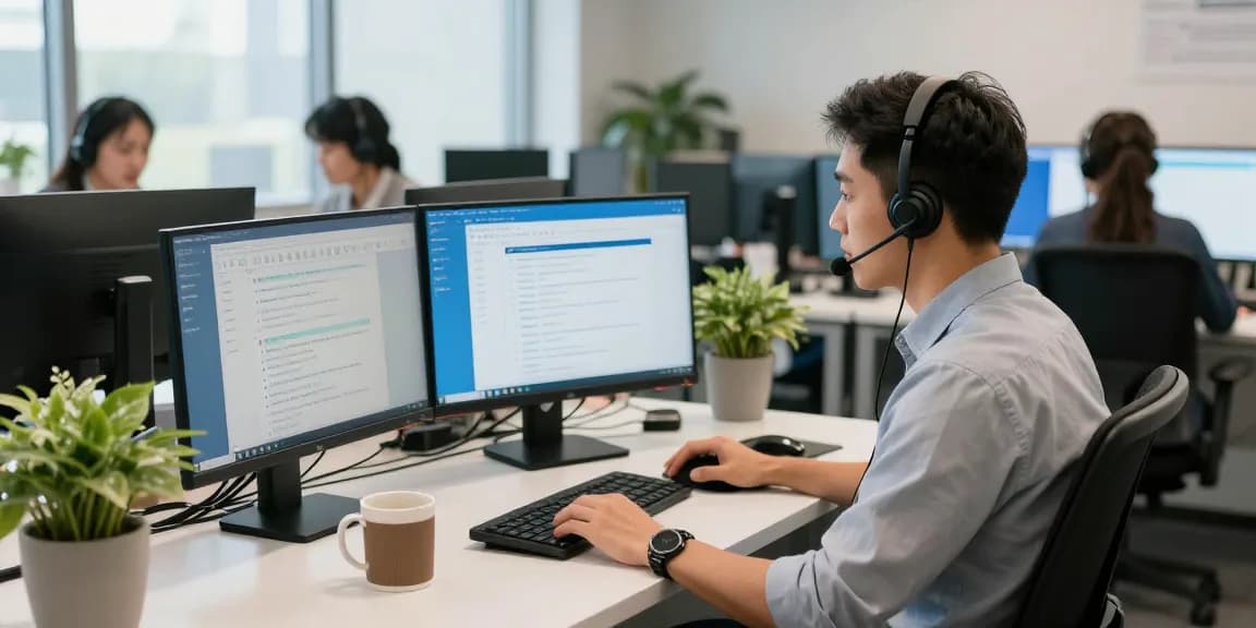 Customer support representative assisting with Telus-Technical-Support in a vibrant office.