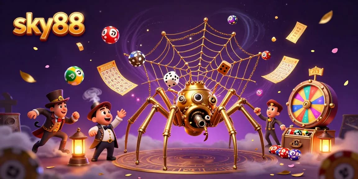 Engage with sky88 in a vibrant, dynamic casino atmosphere featuring colorful lottery balls and immersive steampunk visuals.