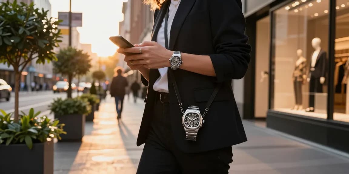 Stylish individual displaying a clone watch while exploring a vibrant city street at sunset.