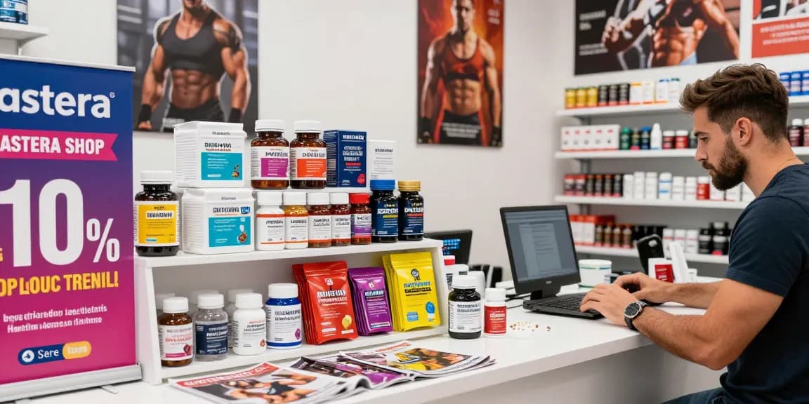 Customer shopping at Astera Shop, featuring lab-tested steroids and 10% discount signs in a modern retail setting.