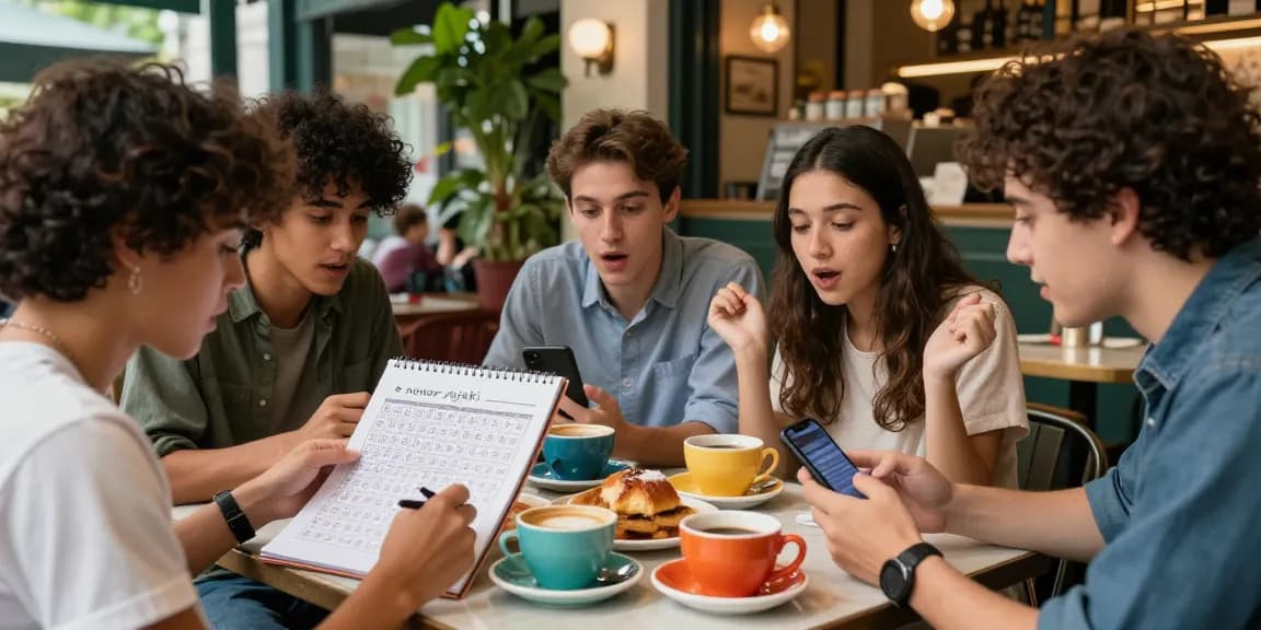 Teman-teman membahas nomor rejeki sambil menikmati kopi di kafe.