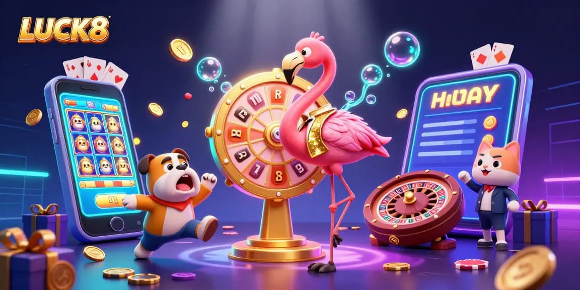 LUCK8 excitement illustrated with a game show host, bulldog contestant, and prizes galore