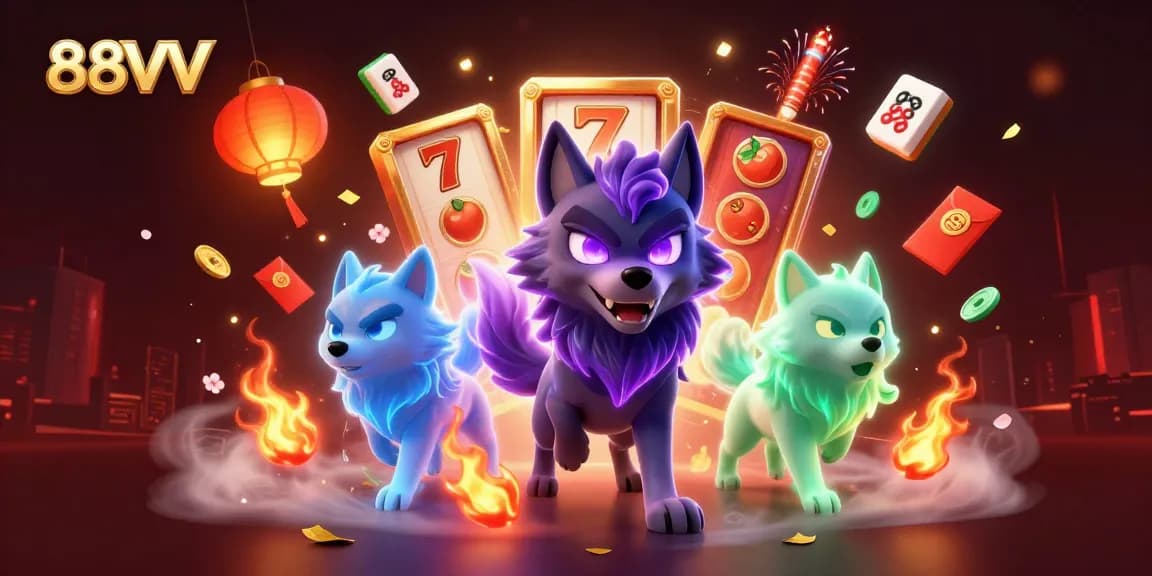 Engage with 88VV through this vibrant and dynamic 3D casino illustration featuring a shadow wolf leader and exciting game elements.