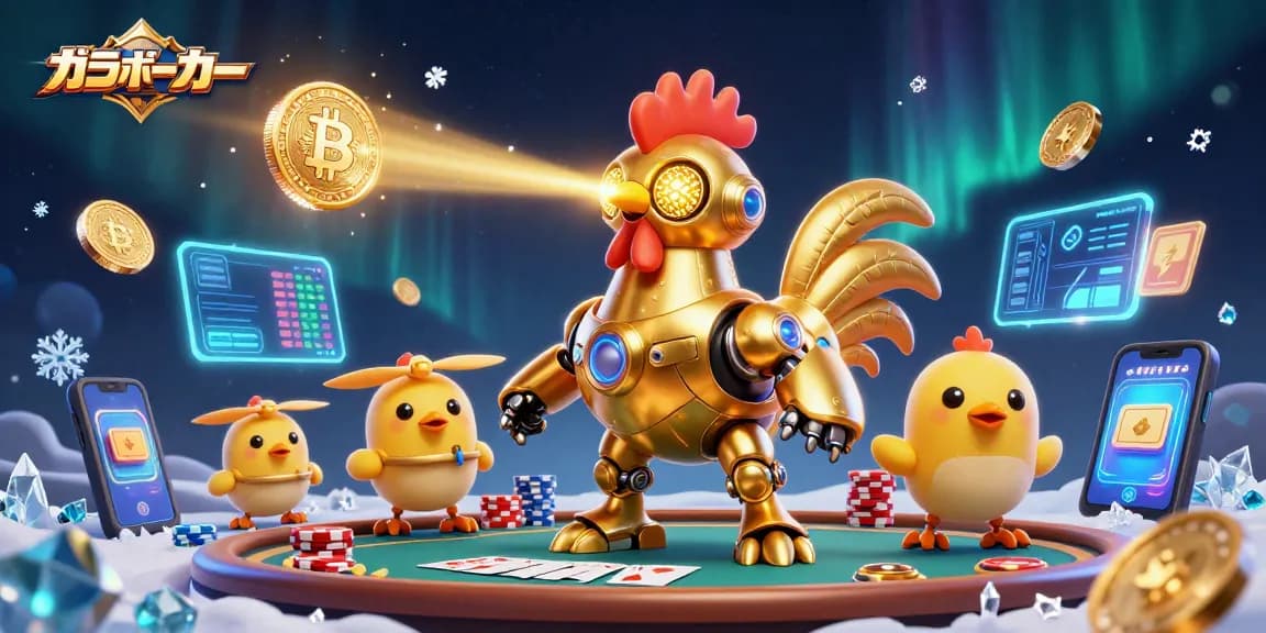 オンラインポーカーのダイナミックなシーンで、ポーカーテーブルやチップが飛び交っています。