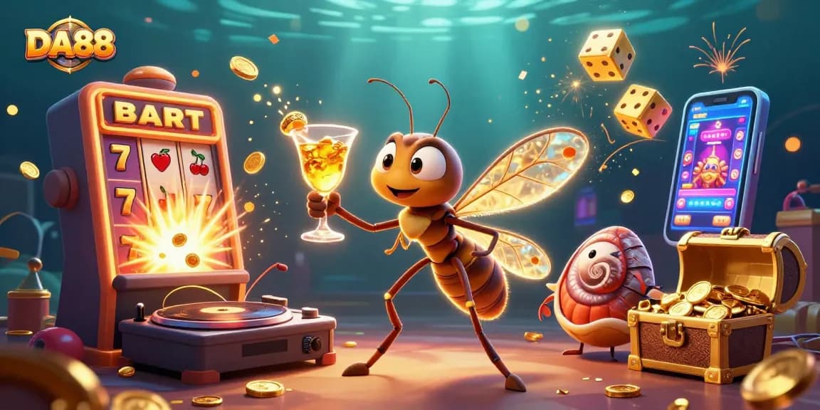 Engage in thrilling gaming at DA88 with a vibrant 3D casino scene featuring dynamic characters.