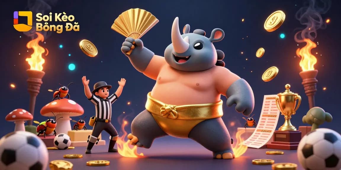 Soi Kèo Bóng Đá vibrant scene showcasing a beetle sumo champion amidst golden coins and sports elements, captivating visual energy.