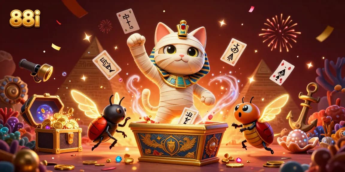 Engage with 88i as the Egyptian mummy cat unleashes ancient treasures in a vibrant casino world.