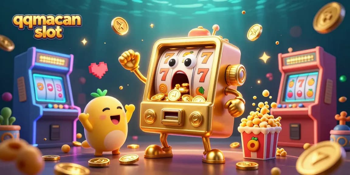 Experience the thrilling qqmacan slot as the lucky slot machine hits a jackpot with coins pouring out.