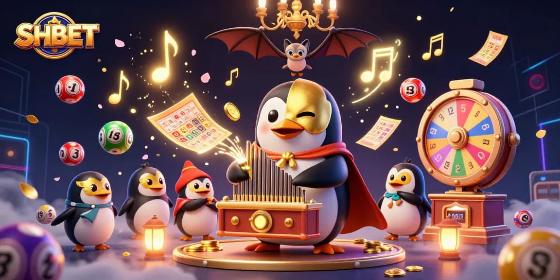 Engage with SHBET as the phantom penguin entertains under a dynamic casino scene filled with excitement.