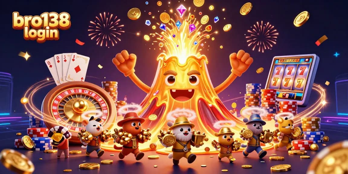 Engage in thrilling casino gameplay with bro138 login, surrounded by triumphant treasures and vibrant winning elements.