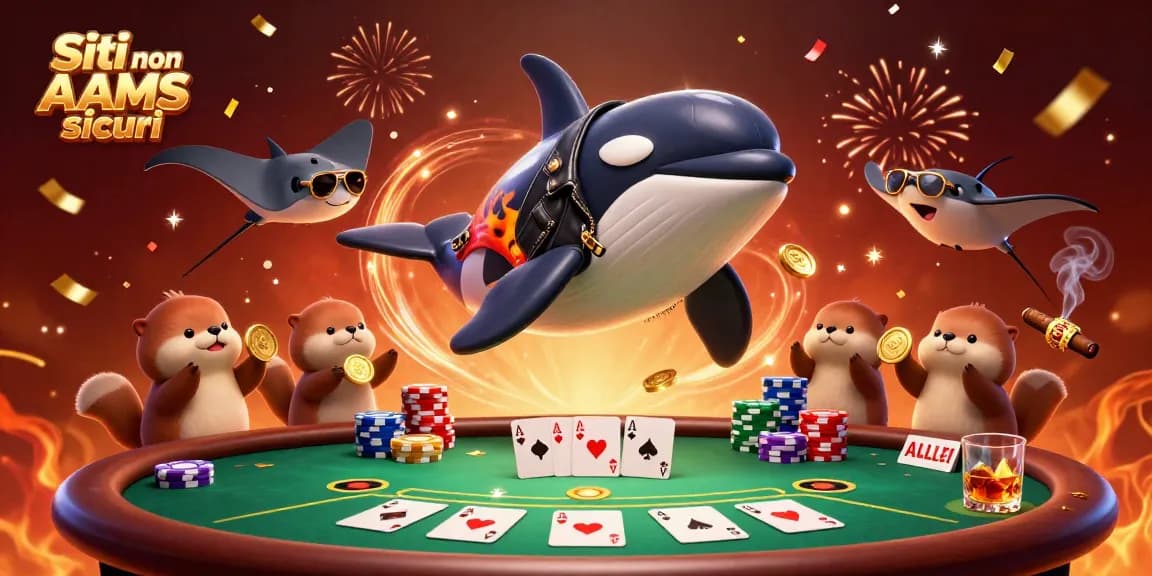 Siti non AAMS sicuri celebrano con una vivace scena di casinò caratterizzata da personaggi animati ed elementi di poker.
