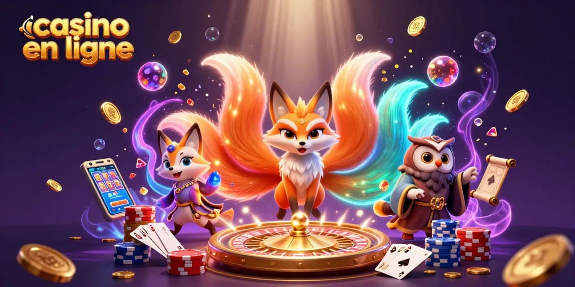 Gagnez aux jeux de casino en ligne avec un renard à neuf queues et un hibou sage, entourés de jetons et de cartes.