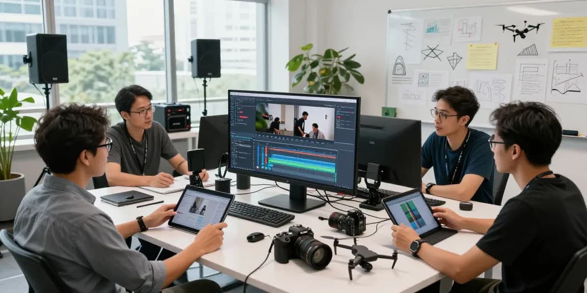 Corporate video recording sg team creatively collaborating in a vibrant studio setting.