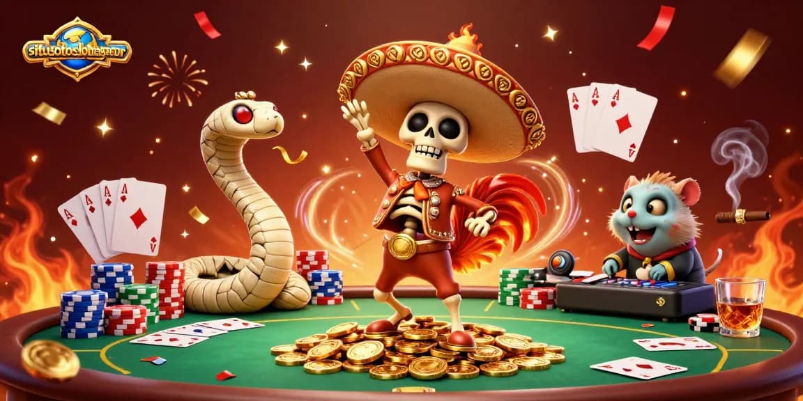 Experience the excitement of winning at situstotoslottergacor with lively characters like a dancing rooster and DJ hamster surrounded by casino elements.