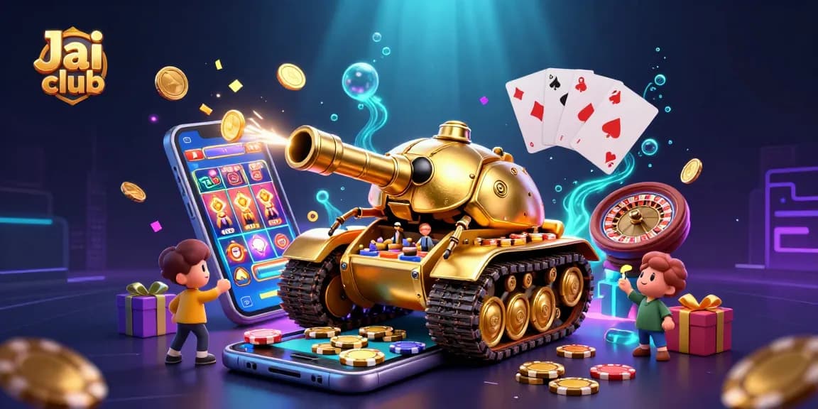 Engage in thrilling games at Jai club with a vivid 3D casino scene featuring vibrant slot games and festive elements.