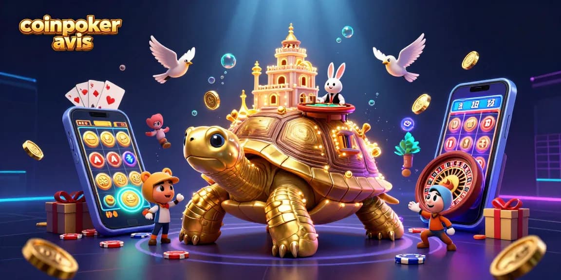 CoinPoker avis : Jouez avec la tortue dorée et le croupier en direct dans un casino 3D.