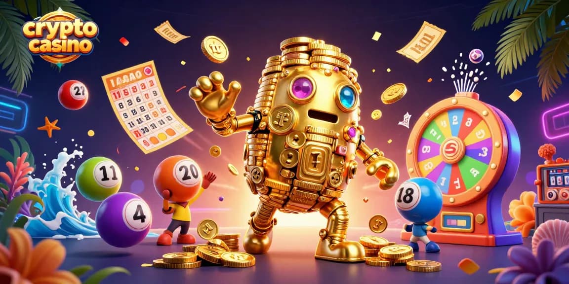 Jouer au crypto casino avec un golem en or impressionnant entouré d'éléments ludiques.