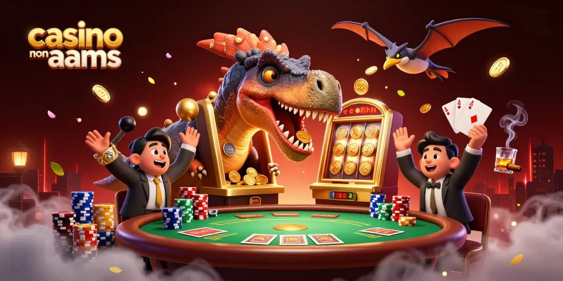 Giocatori al casino non AAMS con slot machine dorate e croupier in azione, in un'atmosfera vivace.