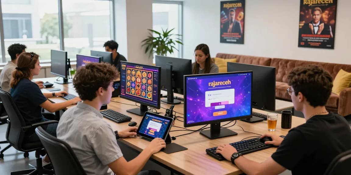 Akses rajareceh pada perangkat digital di ruang kantor modern, menampilkan antusiasme member saat login.