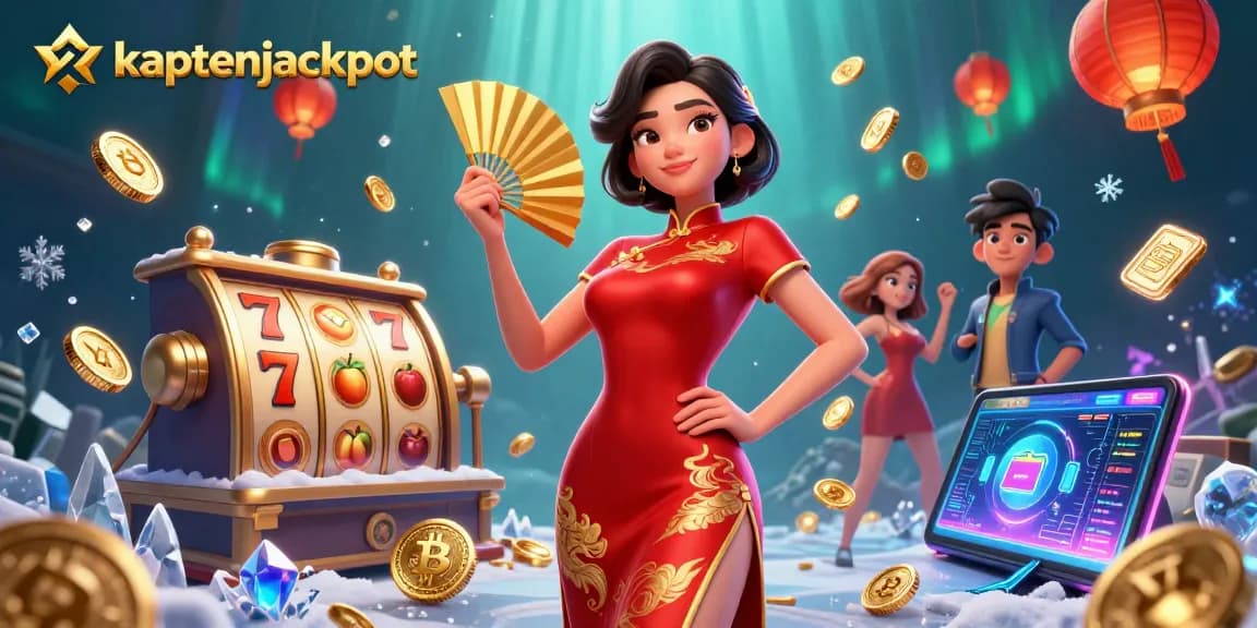 Experience kaptenjackpot excitement with a dynamic 3D casino illustration filled with slot reels and vibrant gold coins.