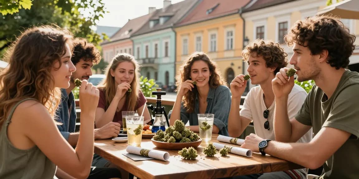 Explore the best places to enjoy high-quality marijuana in Slovakia with friends in a lively café.