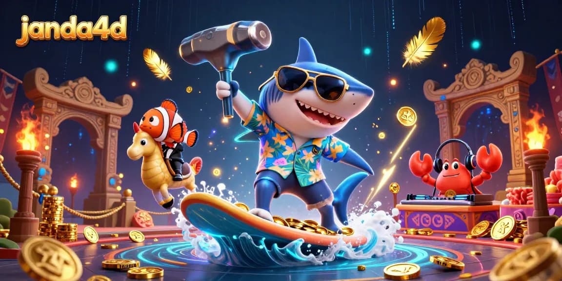 Menangkan permainan di janda4d dengan ilustrasi 3D ikan hiu yang menyenangkan.