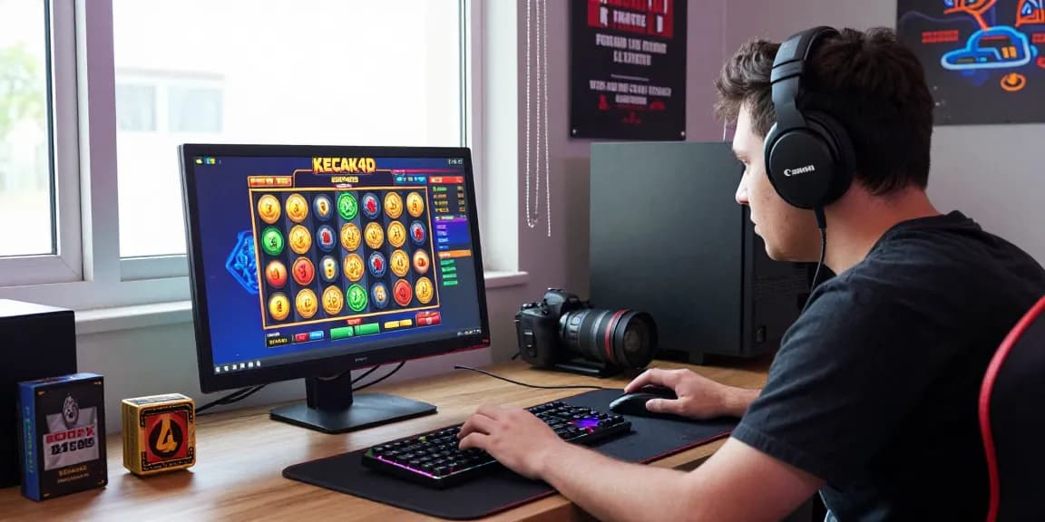 Player engaged with kecak4d online slot game on laptop, vibrant graphics and accessories create an immersive gaming atmosphere.