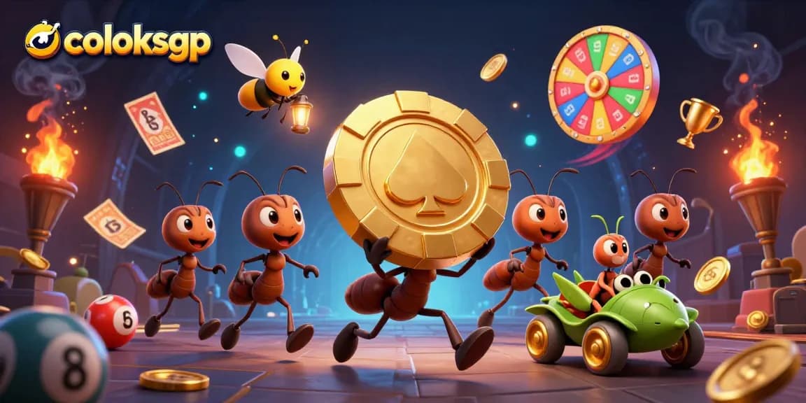 Experience an exhilarating coloksgp heist with ants, a firefly, and a grasshopper amidst glowing lottery elements and gold.