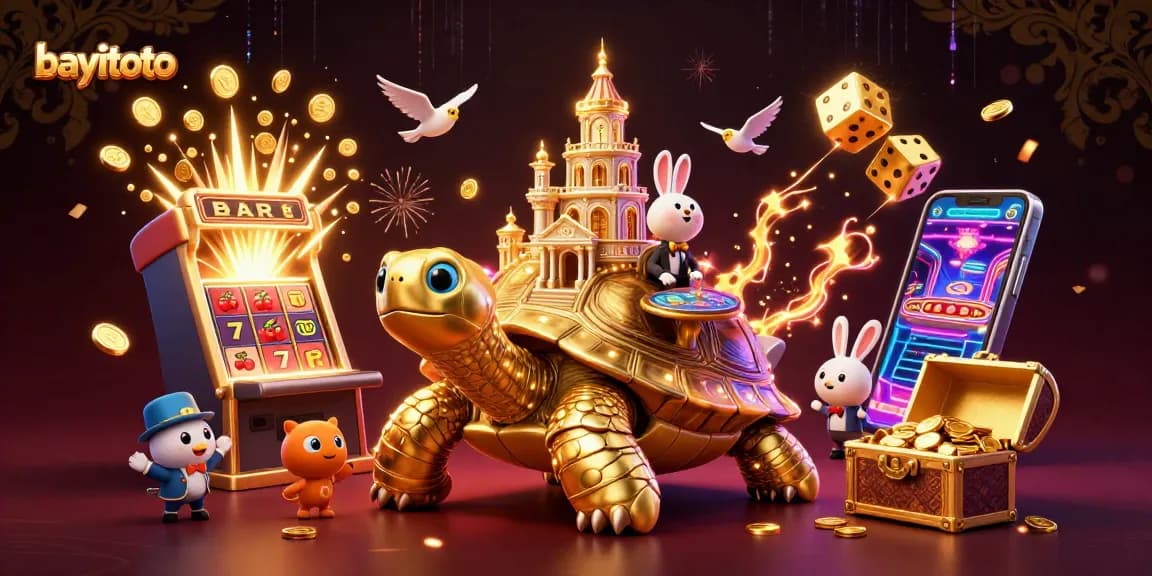 BAYITOTO offers thrilling casino experiences with golden tortoise, jackpot symbols, and a rabbit dealer.