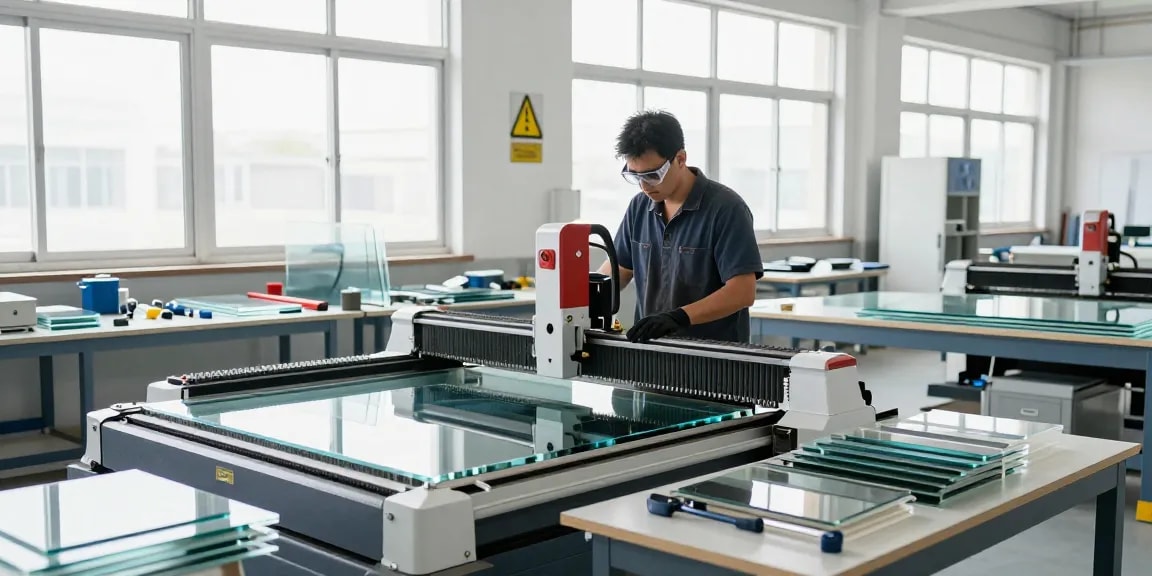 Technician operating a advanced glass cutting machine in modern workshop setting.
