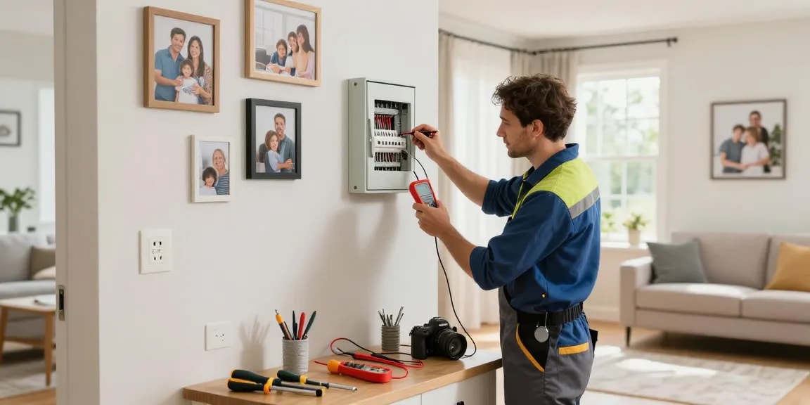 Home electrical safety electrician inspecting panel with voltage meter in modern living room
