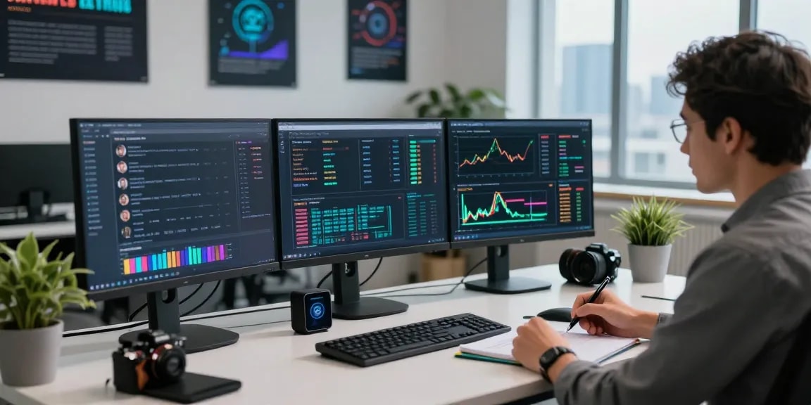Analyzing Best Darknet Markets 2026 in a professional workspace with multiple screens and cybersecurity elements.