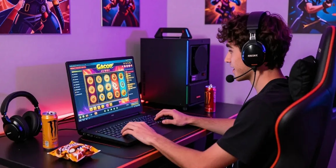 Penggemar bermain slot gacor di ruang bermain yang cerah dengan grafik menarik.