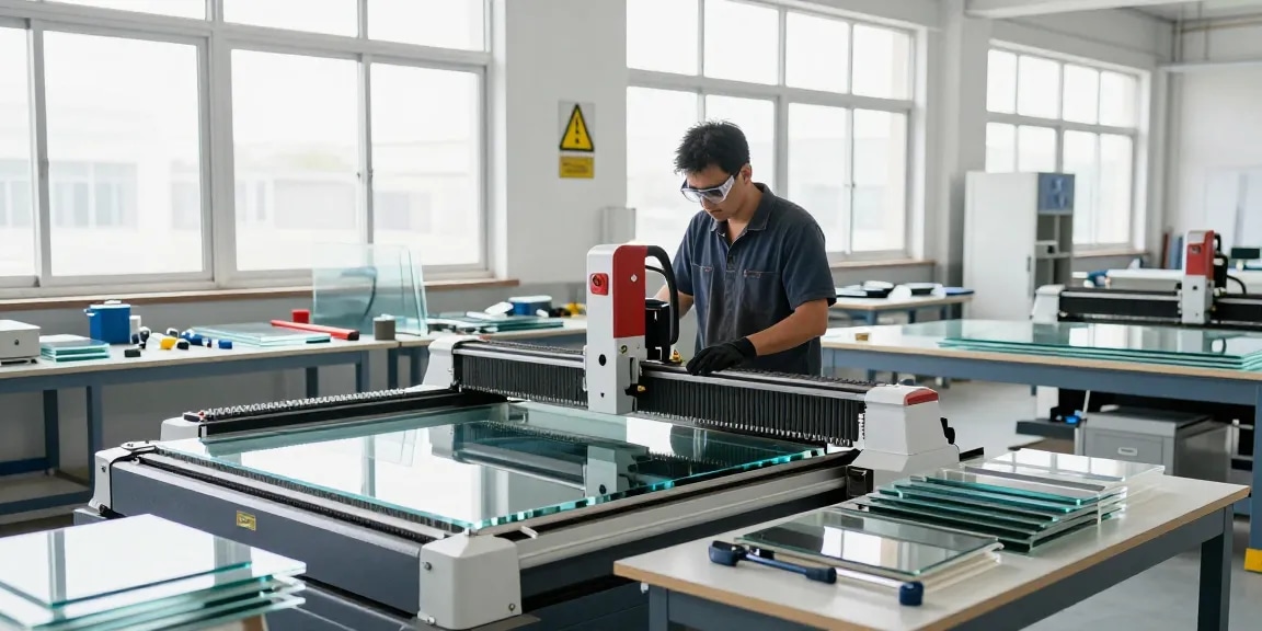 Technician operating a advanced glass cutting machine in modern workshop setting.